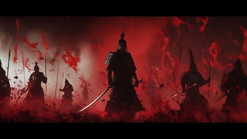 Samurai warriors advance through red smoke and flames.