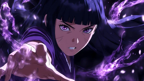 Determined anime heroine casting purple energy spell.