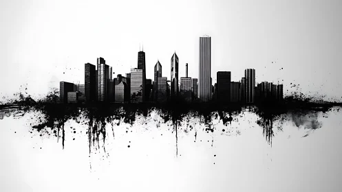 Ink-drenched towers rise from mirrored splashes of city shadow