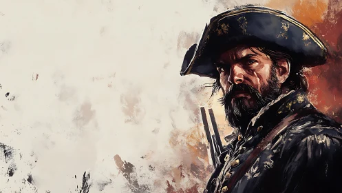 Storm-eyed pirate captain painted in swirling embers and ash.