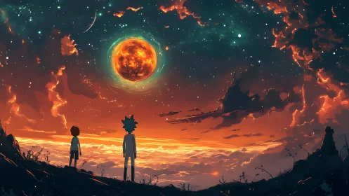 Two figures observe fiery planet over glowing sky.