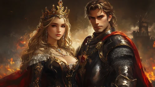 Royal warrior couple command burning battlefield in armor