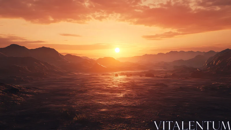 Cinematic desert sunset illuminates low-poly eroded terrain