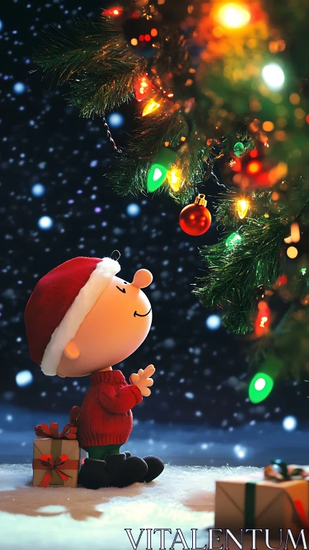 Cartoon child in winter clothing by lit outdoor tree.