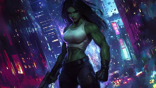 Green heroine strides through neon city with bold resolve.