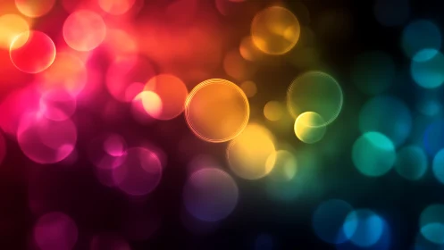 Orbiting neon bubbles drift across a soft rainbow dusk.