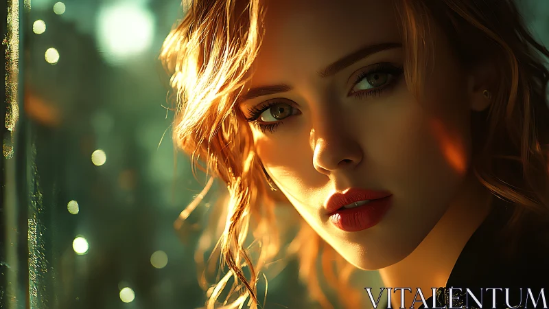 Close portrait of woman in warm side lighting near glass.