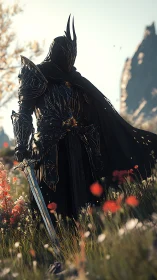 Obsidian warlord in engraved plate armor surveying sunlit field.