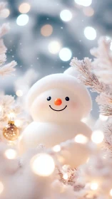 Soft-focus snowman ornament amid defocused holiday bokeh lights