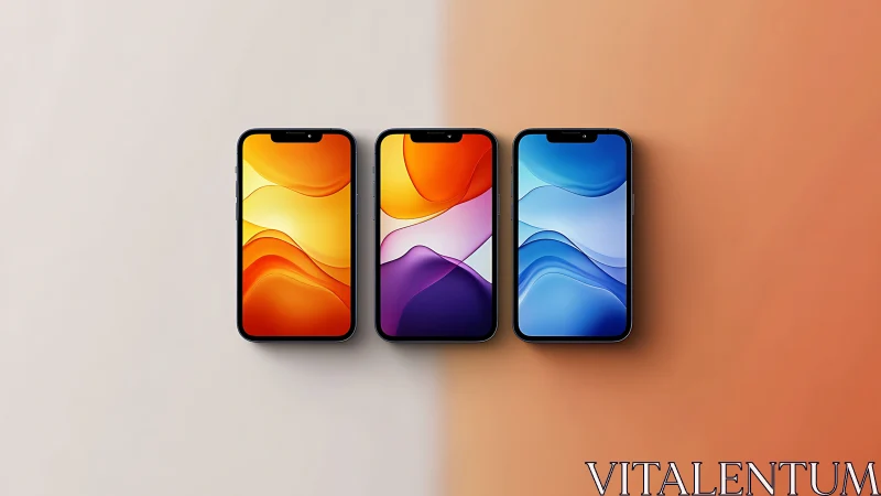 Three Smartphones With Fluid Gradient Wallpapers. Mobile Device Display Showcase.