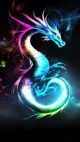 Luminous rainbow dragon curling through electric night skies.