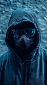 Hooded masked figure in dark sunglasses stands in blue light.
