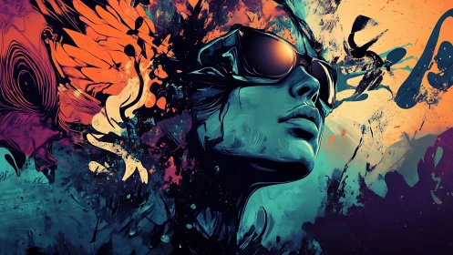 Bold digital portrait of person in sunglasses with neon splashes.