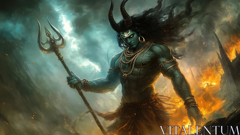 Mythic horned warrior with trident amid storm and fire.