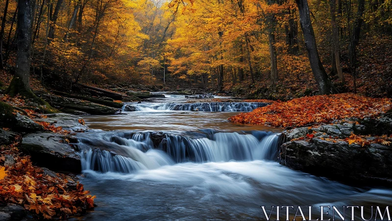Cascading woodland stream framed by vivid autumn foliage.