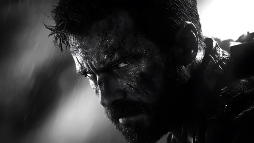 Battle-hardened soldier glares through rain-soaked shadows.