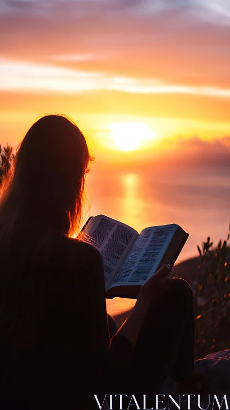 Silhouette reads by the sea as vivid sunset glows brightly.