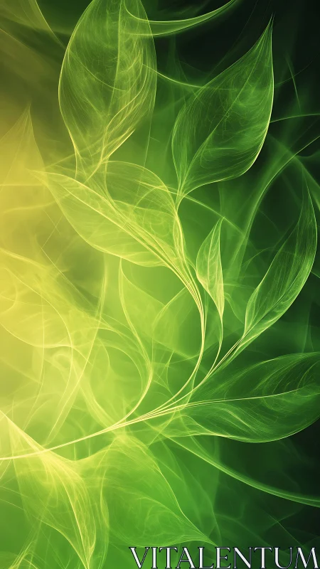 Luminous abstract green leaves over glowing gradient field.