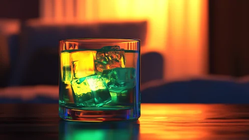 Whiskey glass holds neon ice under warm ambient glow.