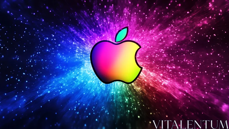 Neon apple silhouette warps through a prismatic space burst