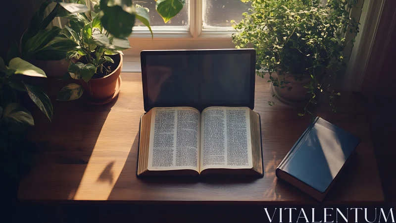 Sunlit window altar of books, tablet glow, and quiet leaves.