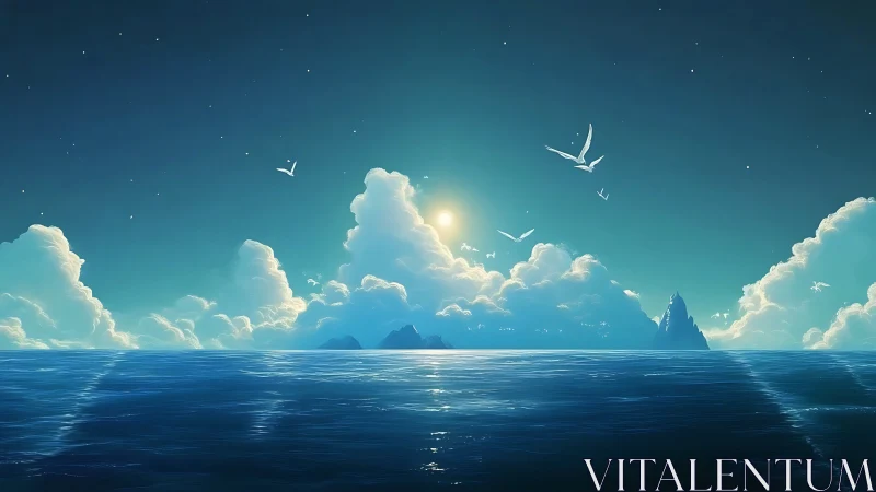 Sunlit ocean horizon glows beneath towering dreamlike clouds