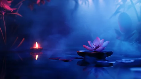 Digital zen composition with luminous lotus and candlelight glow.