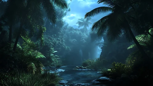 Misty Jungle River Canyon Bathed in Ethereal Blue Light