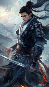 Storm-lit swordsman in obsidian armor amid swirling embers.