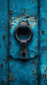 Weathered blue door knocker with stories etched in rust.