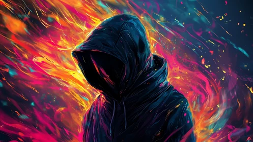 Hooded figure in dark cloak amid vivid swirling flames.