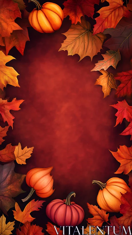 Rich autumn pumpkins framed by glowing fall foliage.