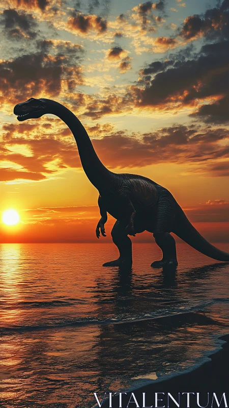 Gentle dinosaur strolling through a glowing seaside sunset.