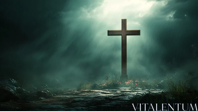 Soft rain falls around a glowing cross in a misty night