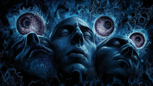 Three dreaming faces drift through a swirling cosmic night