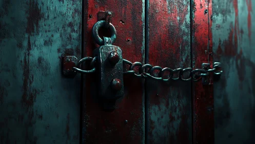 Rusty chained lock grips distressed red steel door. Period.