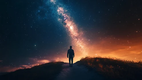 Silhouette on ridge under high contrast Milky Way core alignment