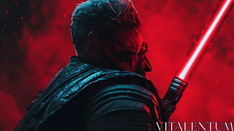 Crimson warrior ignites neon blade in storm of red fury.