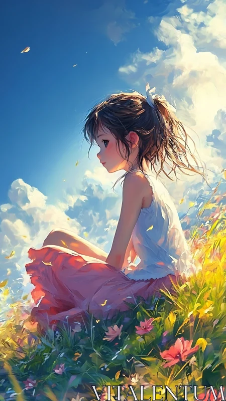 Young girl in profile sitting in flower field under sky.