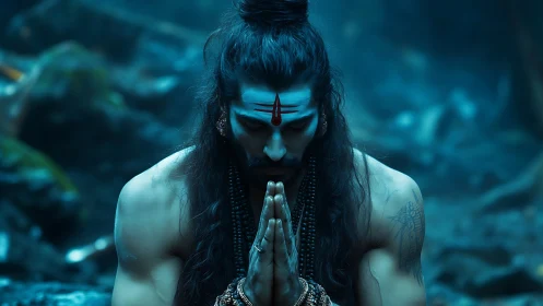 Serene forest yogi bows in quiet, heartfelt meditation