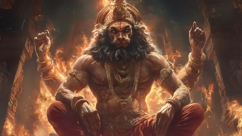 Lion-headed deity sits frontally amid surrounding flames