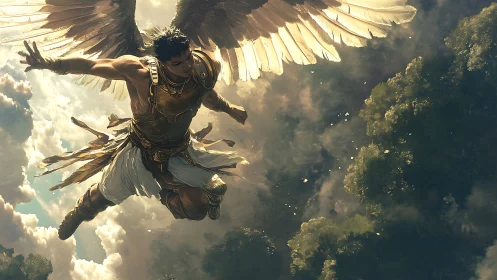 Winged warrior dives through stormlit skies in burning gold