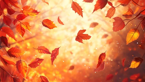 Golden autumn leaves swirl gently through glowing forest light