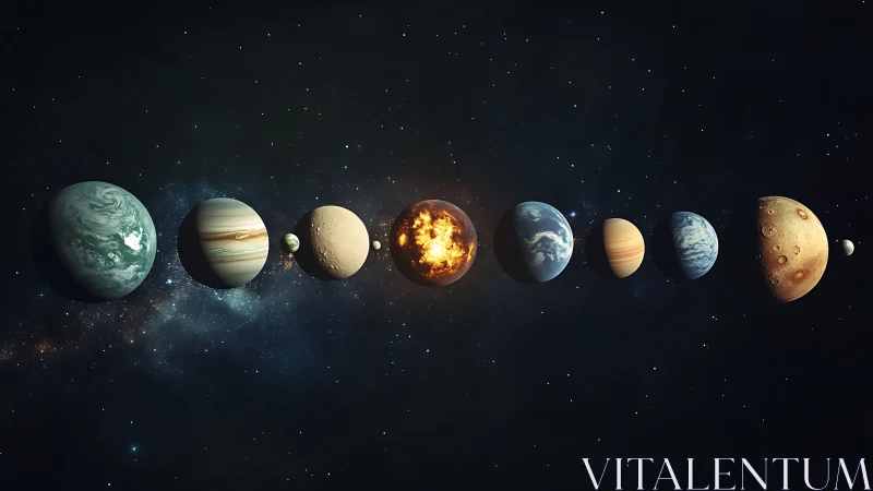 Stylized planetary lineup against deep star field background.