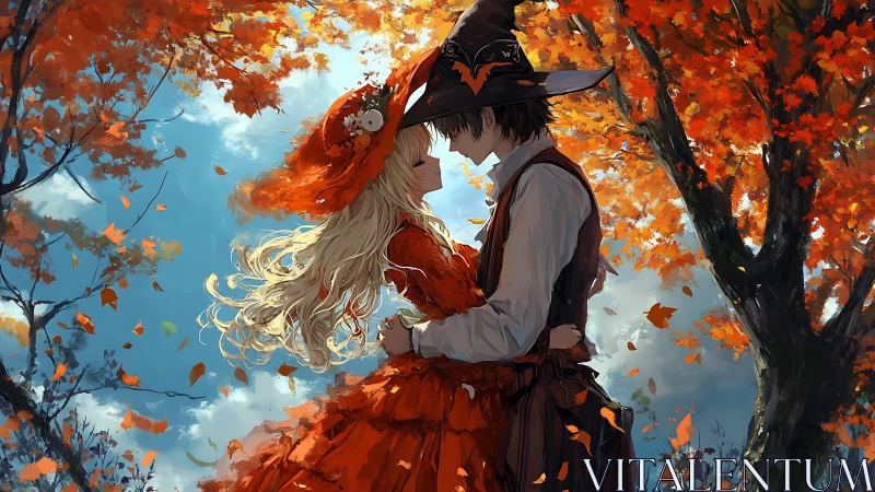 Autumn witch couple embrace under blazing maple canopy.