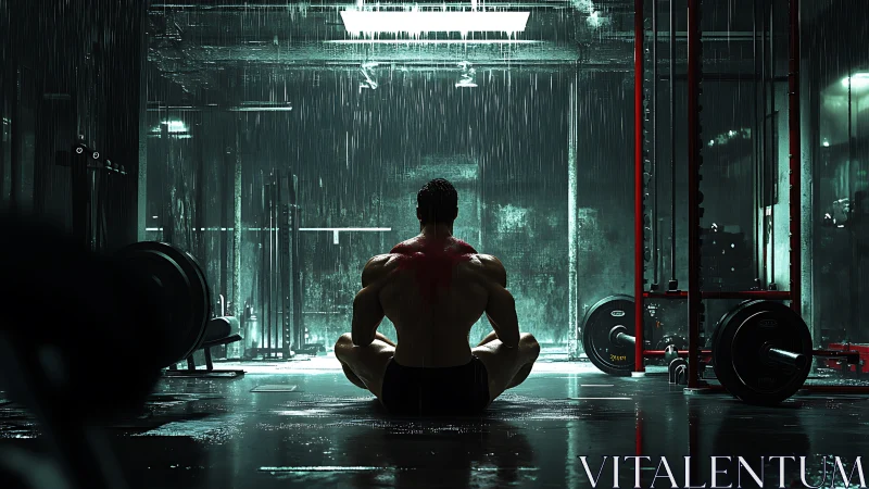 Cinematic 3D gym warrior under rainfall, rear-view composition.