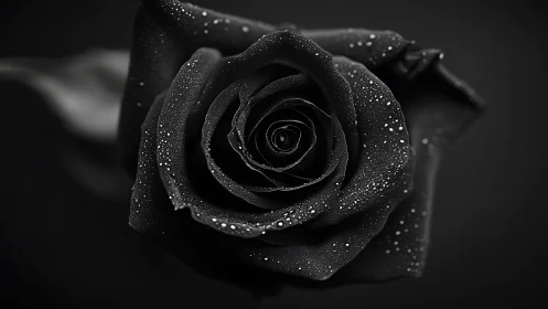 Black rose macro in dramatic monochrome with dewdrops.