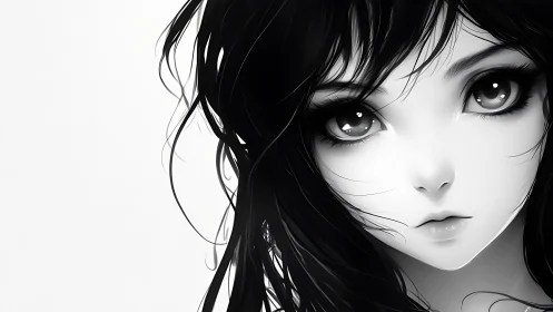 Monochrome anime portrait isolates luminous eyes in tight frame