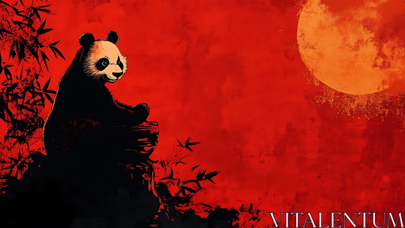 Graphic panda silhouette against textured crimson moonfield.