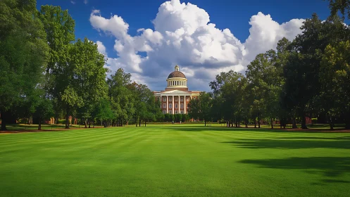 Domed academic building beyond symmetrical green lawn.